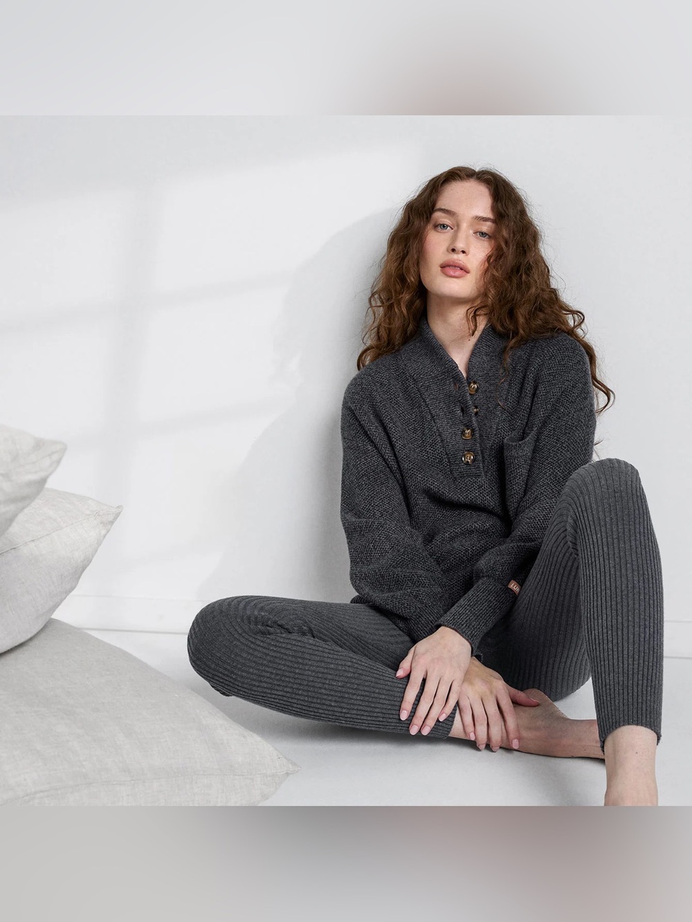 Lunya Cottonsilk Pocket Henley Open Knit Sweater Blouse Gray Drifting Charcoal